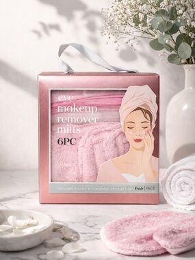 NWT FRESH FACE Makeup Remover Mitts Set Pink Microfiber and Storage Bag 6pc Gift